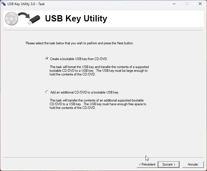 Sélection de l’option de création de clé USB